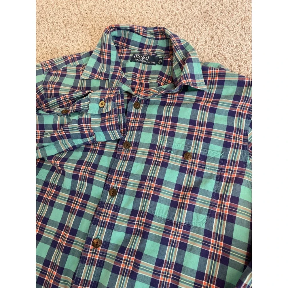 Vintage Polo Ralph Lauren Men Button Down Shirt Large Teal Plaid Dual Pockets